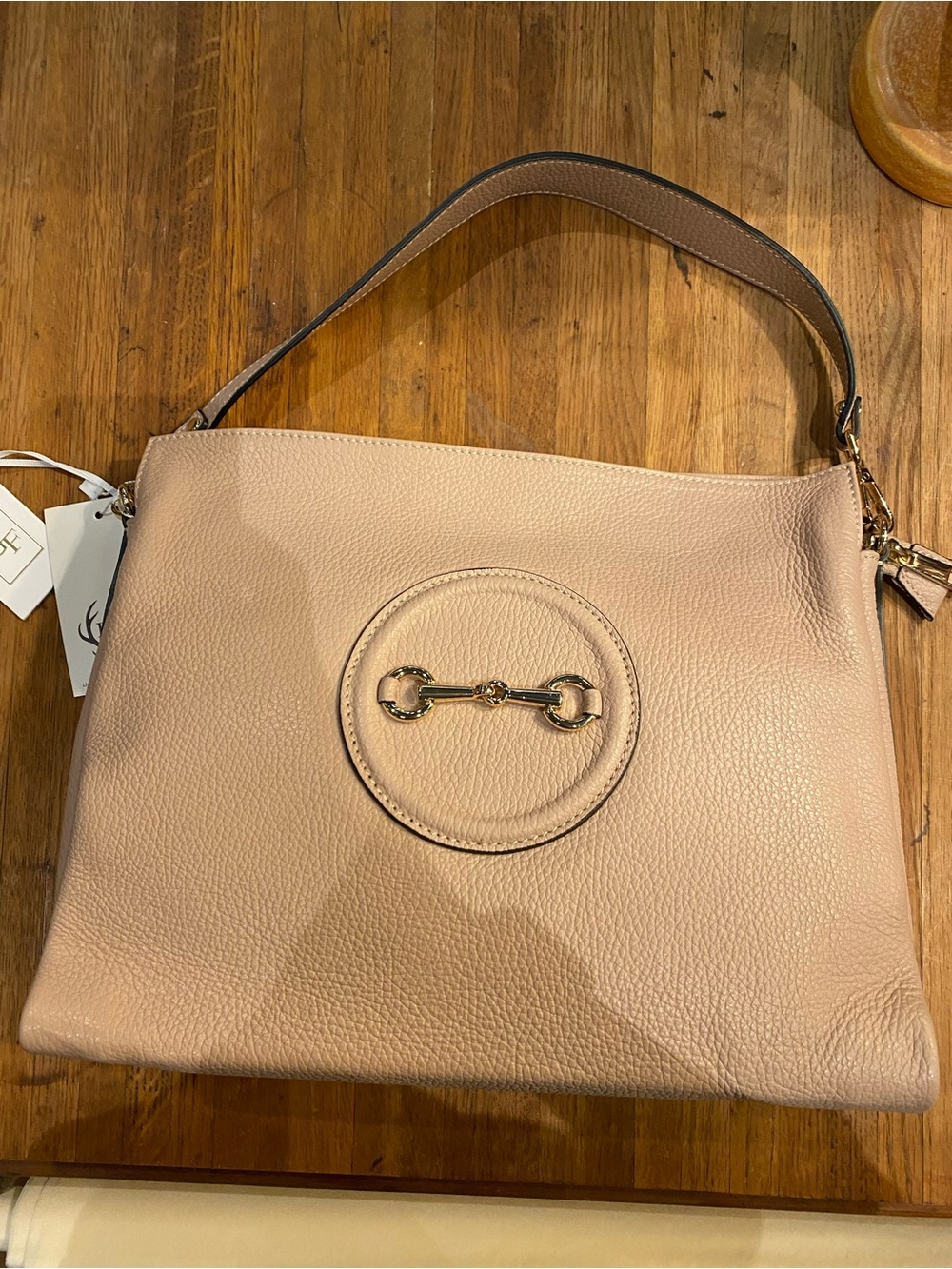 Made in Italy-Genuine Leather Shoulder Bag with Gold Horsebit - Blush Pink